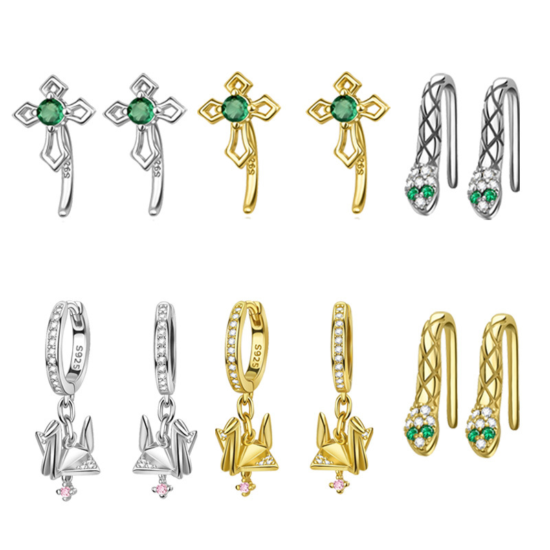 Luxury Bags Cz - Gold Plated Green Cz Snake Earrings