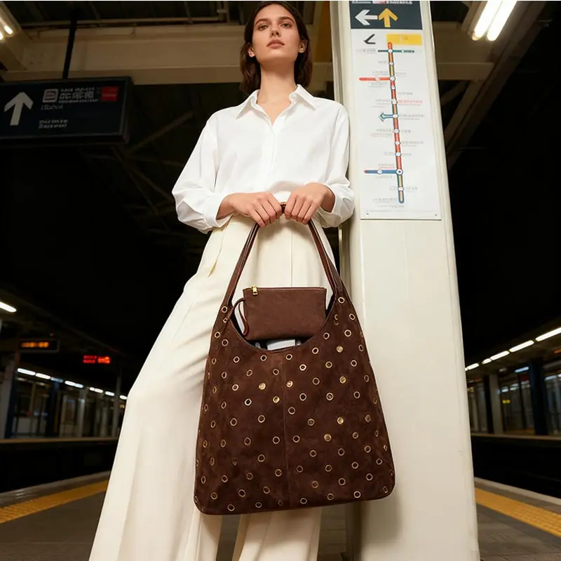 Suede Metal Studded Tote Bag w - Wristlet Wallet Zipper ulasan dan harga